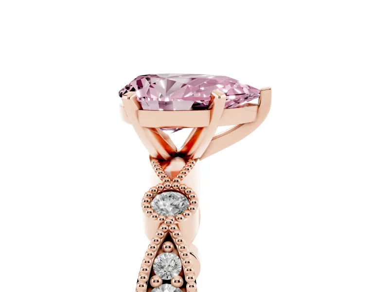 Fancy Pink Pear Cut Diamond Solitaire Engagement Ring Set in Rose gold with Milgrain Bezel Accent Band