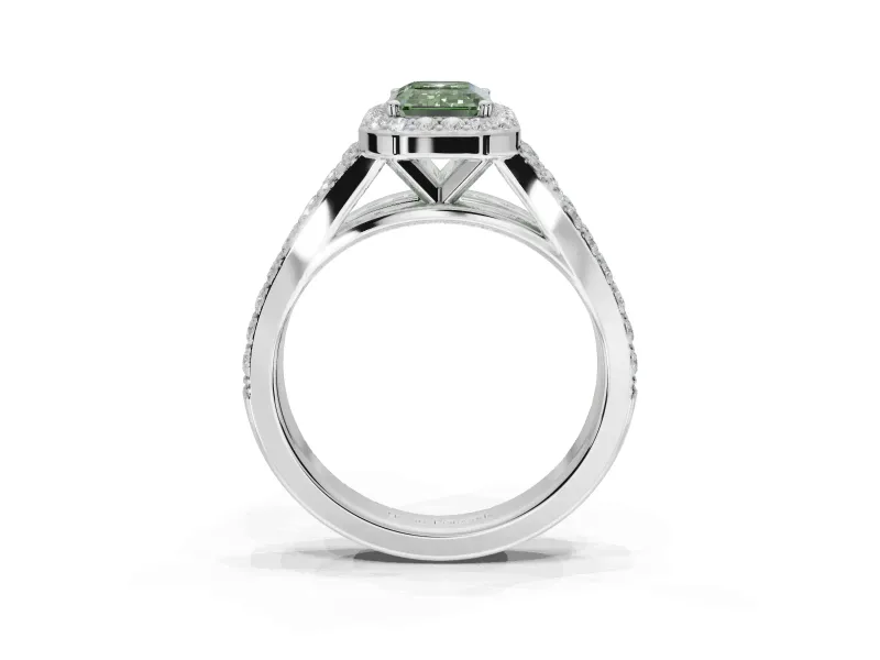 Emerald Cut Halo Pavé Engagement Ring Setting for a Fancy Green Lab-Grown Diamond | Narrow Split Shank | Sterling Silver