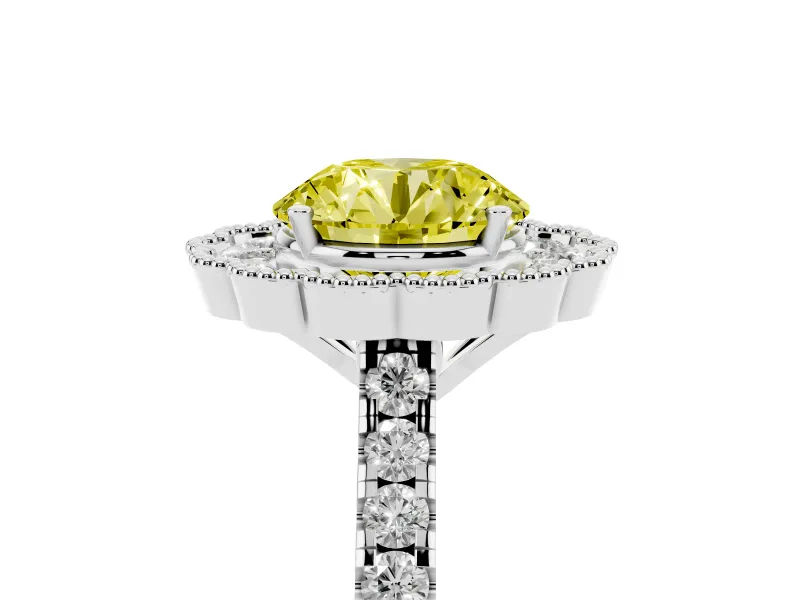 Fancy Yellow Round Cut Diamond Milgrain Floral Halo Engagement Ring Set in White gold with Pavé Band