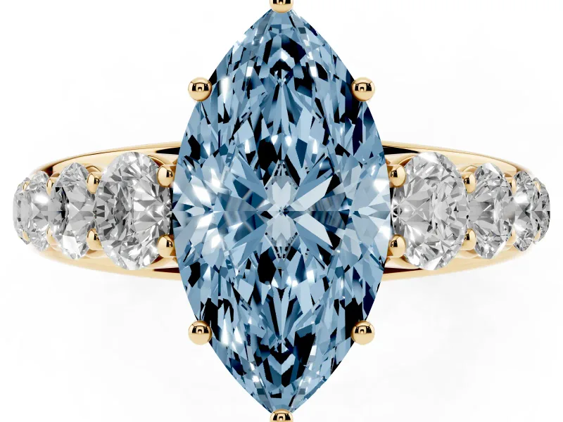 Marquise Graduated Side Stone Engagement Ring Setting for a Fancy Blue Lab-Grown Diamond | Flat Top Band | Yellow Gold