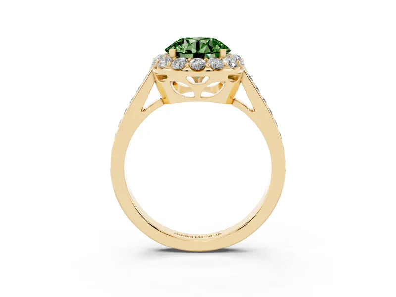 Fancy Green Round Cut Diamond Floral Halo Ring Set in Yellow gold with Pavé Band and Prong Setting
