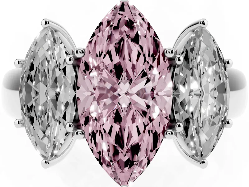 Fancy Pink Three-Stone Marquise Cut Diamond Ring Set in White gold with Matching Prong Settings and Plain Band