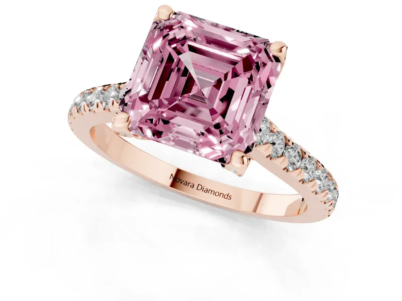 Asscher Cut Hidden Halo Pave Engagement Ring Setting for a Fancy Pink Lab-Grown Diamond | Claw Prongs | Rose Gold