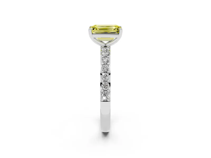 Fancy Yellow Emerald Cut Diamond Solitaire Set in White gold with Round Pavé Band and Prong Setting