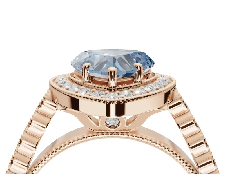 Fancy Blue Heart-Shaped Lab-Grown Diamond Milgrain Halo Solitaire Ring Set in Rose Gold with Bezel Set Side Stones and Pavé Band