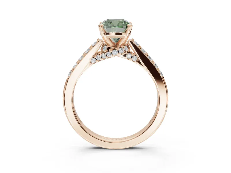 Cushion Cut Pavé Solitaire Engagement Ring Setting for a Fancy Green Lab-Grown Diamond | Crossover Gallery | Rose Gold
