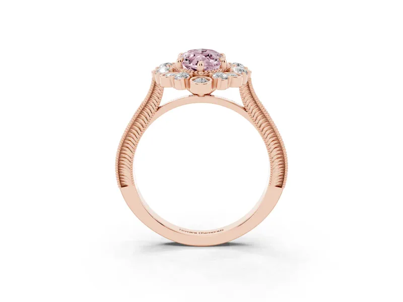 Fancy Pink Marquise Cut Diamond Halo Milgrain Pavé Ring Set in Rose gold with Prong Setting