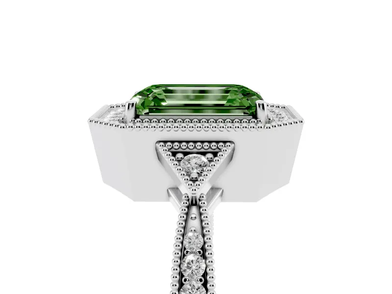 Fancy Green Emerald Cut Diamond Halo Engagement Ring Set in Platinum with Milgrain Pavé Band