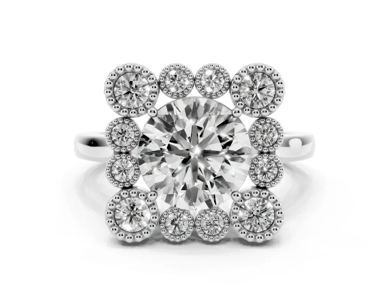 Round Cut Diamond Cluster Halo Ring Set in Silver with Milgrain Bezel Accents and Plain Band