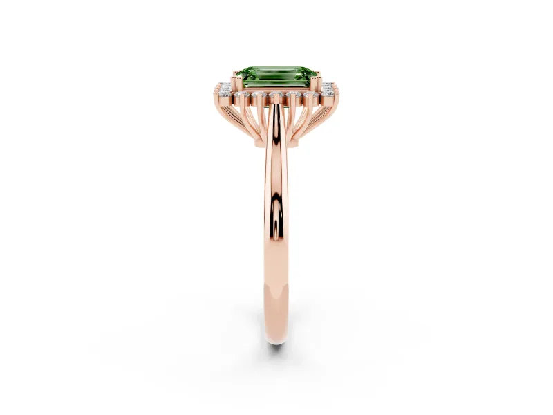 Fancy Green Emerald Cut Diamond Halo Ring Set in Rose gold with Plain Solitaire Band and Prong Setting