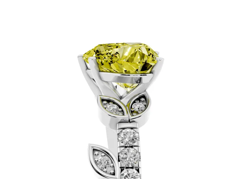 Fancy Yellow Heart Cut Diamond Solitaire Leaf-Inspired Ring Set in White gold with Pavé Band and Prong Setting