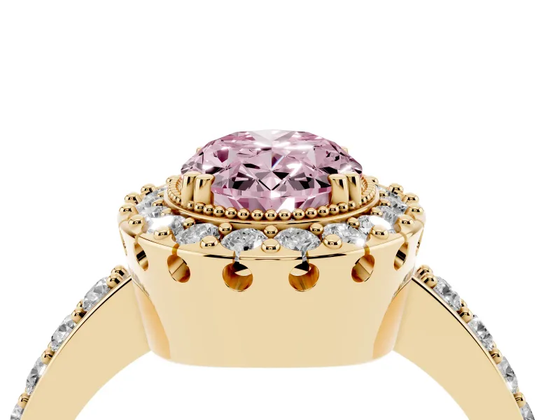 Fancy Pink Oval Cut Diamond Halo Ring Set in Yellow gold with Pavé Shank and Prong Setting