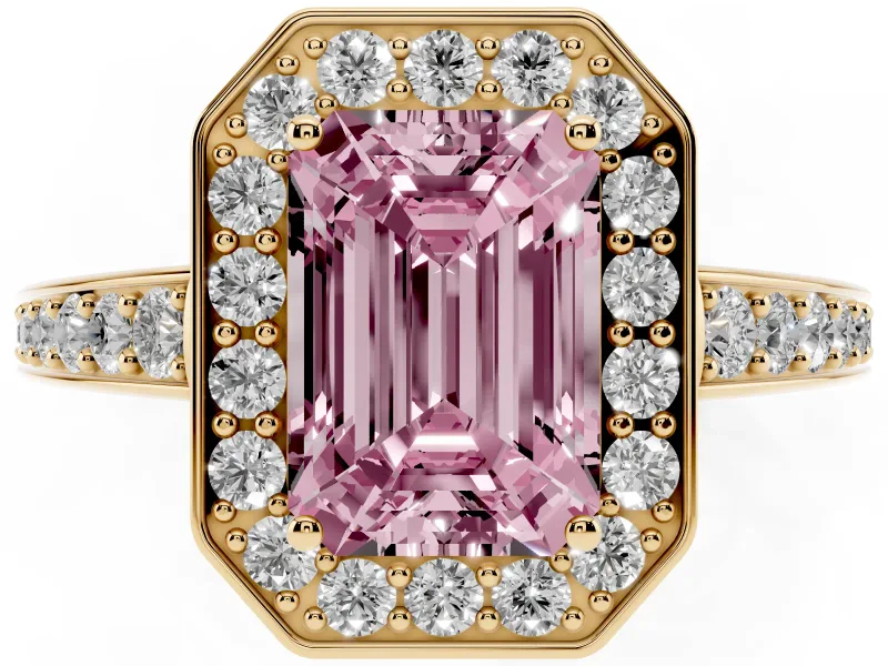 Fancy Pink Emerald Cut Diamond Halo Pavé Engagement Ring Set in Yellow gold with Bezel Setting