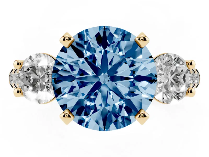 Round Three-Stone Engagement Ring Setting for a Fancy Blue Lab-Grown Diamond | Yellow Gold
