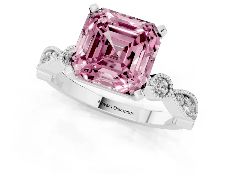 Fancy Pink Asscher Cut Diamond Solitaire Engagement Ring Set in White gold with Milgrain Bezel Accent Band