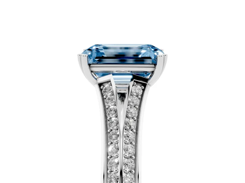 Emerald Cut Pave Split Shank Engagement Ring Setting for a Fancy Blue Lab-Grown Diamond | Double Claw Prongs | Platinum