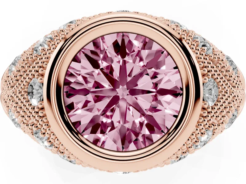 Fancy Pink Round Cut Diamond Bezel Ring Set in Rose gold with Milgrain Accent Band
