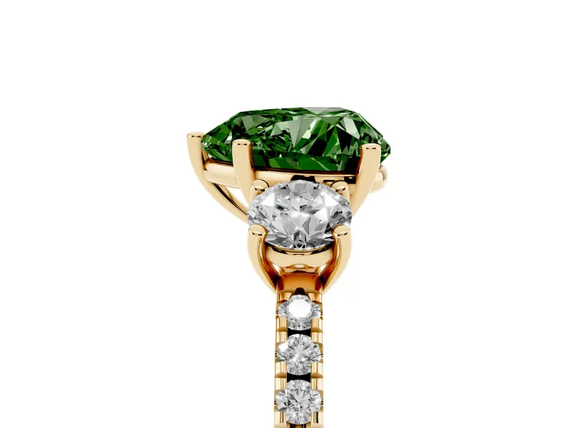 Fancy Green Heart Cut Diamond Three-Stone Ring Set in Yellow gold with Pavé Band and Graduated Sides