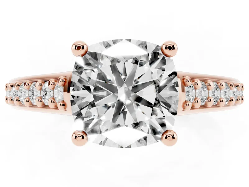 Cushion Cut Graduated Pave Cathedral Solitaire Engagement Ring Setting | Scroll Cut-Outs | Rose Gold