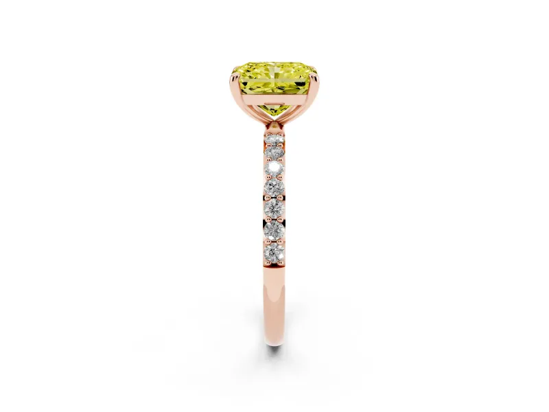 Fancy Yellow Radiant Cut Diamond Solitaire Ring Set in Rose gold with Round Pavé Band and Prong Setting