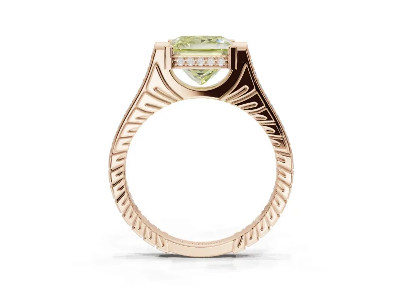 Princess Cut Vintage Cathedral Engagement Ring Setting for a Fancy Yellow Lab-Grown Diamond | Carved Band | Rose Gold