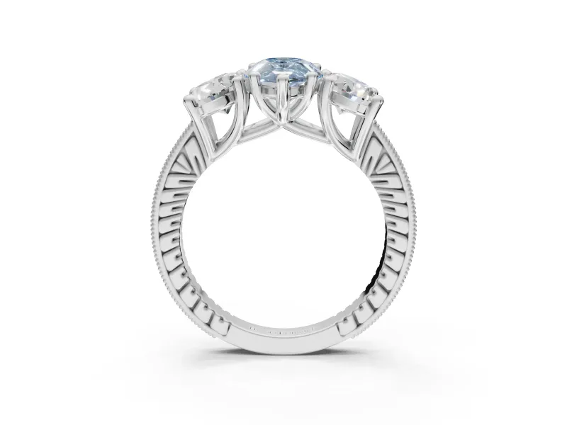 Pear-Shaped Vintage Three Stone Engagement Ring Setting for a Fancy Blue Lab-Grown Diamond | Graduated Pavé | Platinum