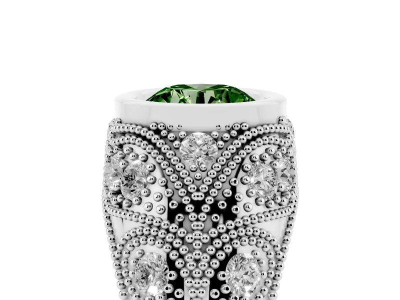 Fancy Green Round Cut Diamond Bezel Ring Set in Silver with Milgrain Accent Band