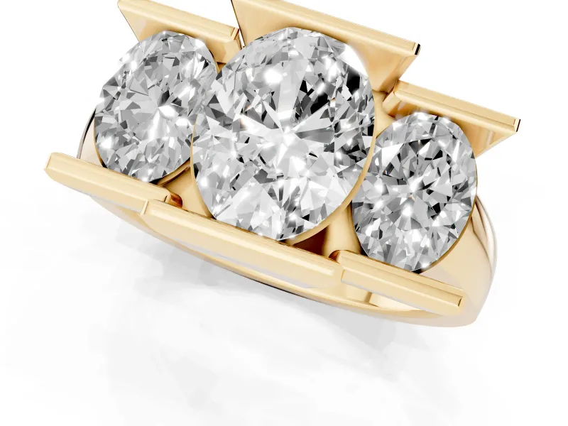 Oval Cut Diamond Three-Stone Channel Set Ring Set in Yellow gold with Smooth Polished Band