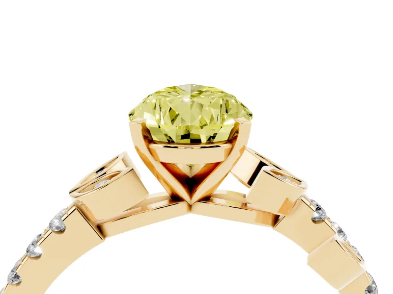 Fancy Yellow Pear Cut Diamond Solitaire Leaf-Inspired Ring Set in Yellow gold with Pavé Band and Prong Setting