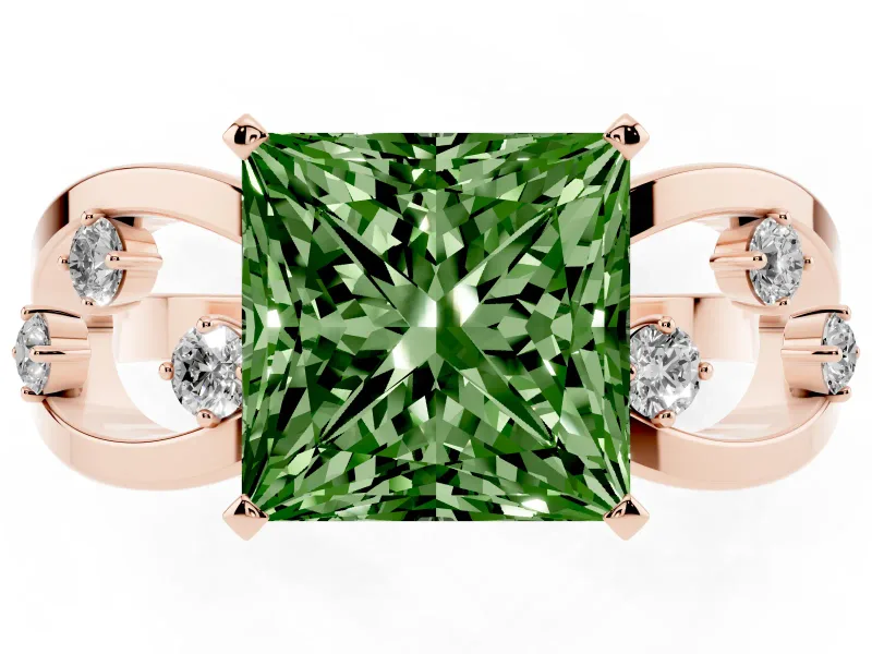 Fancy Green Princess Cut Diamond Solitaire Ring Set in Rose gold with Side Stones on Criss-Cross Band and Prong Setting