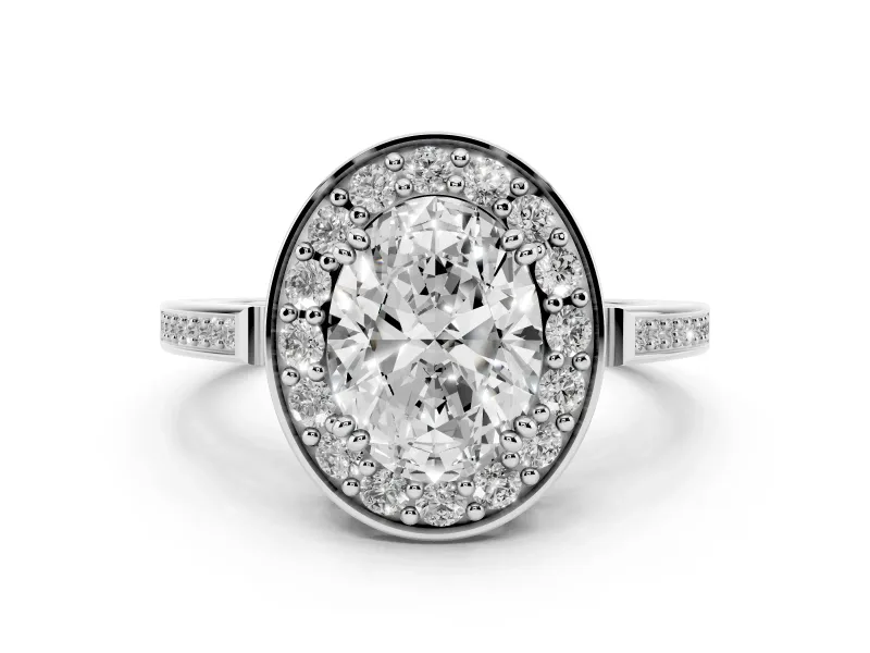 Oval Cut Diamond Halo Ring Set in Platinum with Accent-Lined Split Shank and Prong Setting