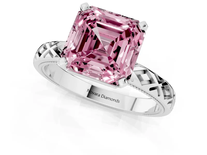 Fancy Pink Asscher Cut Diamond Solitaire Ring Set in Silver with Milgrain and Black Enamel X Pattern Band