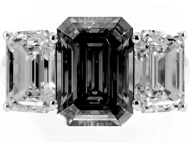 Emerald Cut Three Stone Engagement Ring Setting for a Black Center | Basket Prong Heads | Sterling Silver