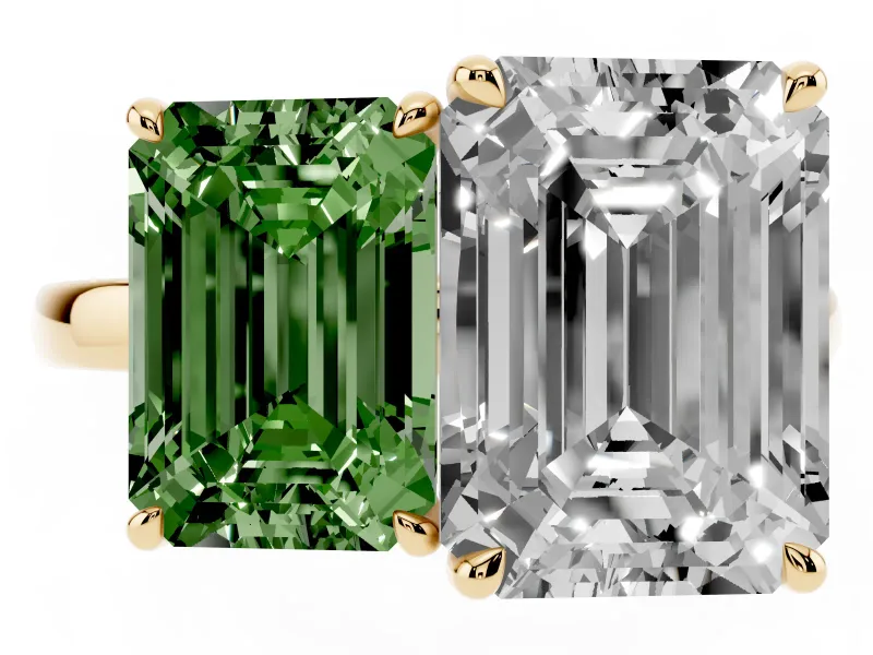 Fancy Green Emerald Cut and Emerald Cut Toi Moi Ring Set in Yellow gold with Prong Setting