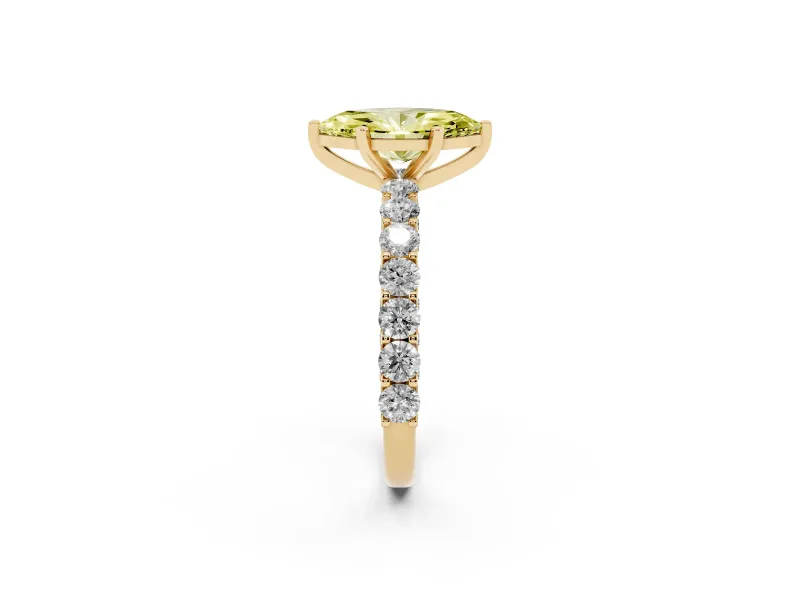 Fancy Yellow Marquise Cut Diamond Solitaire Ring Set in Yellow gold with Shared Prong Pavé Band
