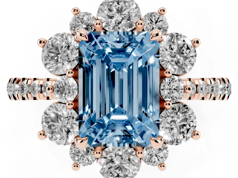 Fancy Blue Emerald Cut Diamond Floral Halo Ring Set in Rose gold with Round Pavé Band and Prong Setting