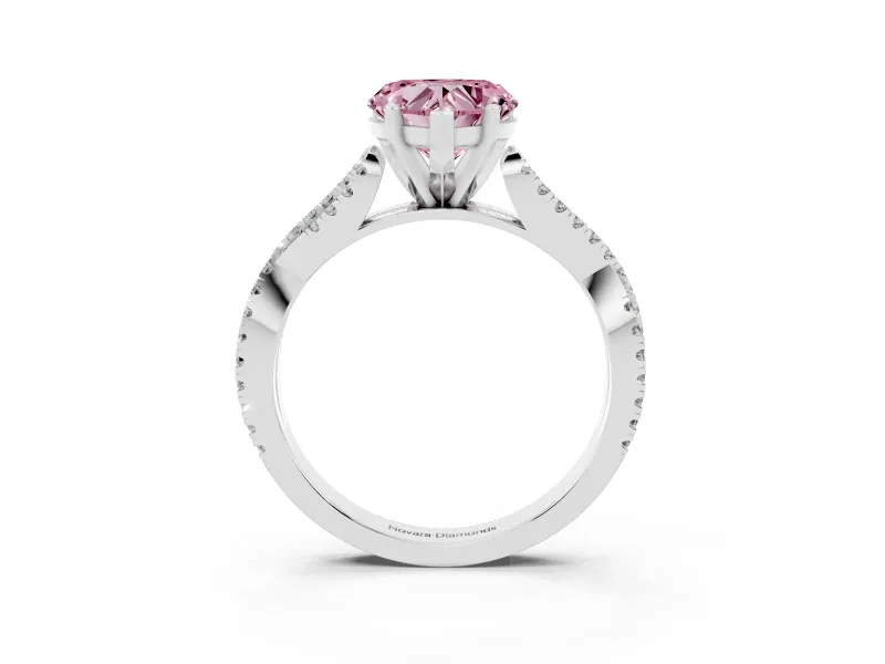 Fancy Pink Heart Cut Diamond Solitaire Engagement Ring Set in Platinum with Twisted Pavé Band and Prong Setting