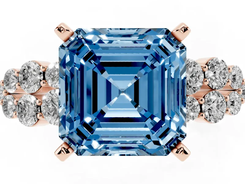 Asscher Cut Side Stone Engagement Ring Setting for a Fancy Blue Lab-Grown Diamond | Shoulder Clusters | Rose Gold