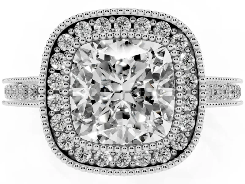 Cushion Cut Vintage Milgrain Halo Engagement Ring Setting | Filigree Gallery | White Gold
