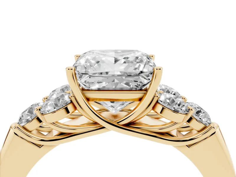 Princess Cut Diamond Cluster Ring Set in Yellow gold with Round Accent Stones and Prong Setting on a Plain Band