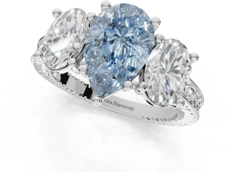 Pear-Shaped Vintage Three Stone Engagement Ring Setting for a Fancy Blue Lab-Grown Diamond | Graduated Pavé | Platinum