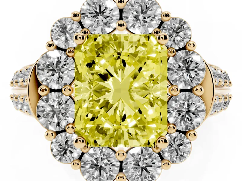 Radiant Cut Large Accent Halo Engagement Ring Setting for a Fancy Yellow Lab-Grown Diamond | Yellow Gold