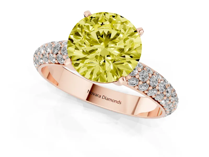 Fancy Yellow Round Cut Diamond Solitaire Ring Set in Rose gold with Prong Setting and Pavé-Set Band
