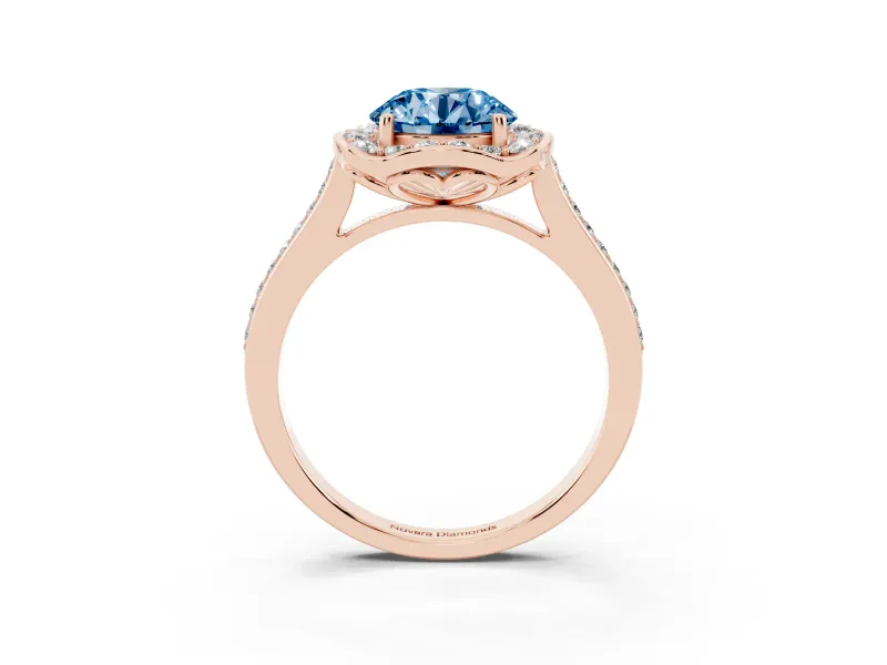 Round Halo Engagement Ring Setting for a Fancy Blue Lab-Grown Diamond | Petal Tips | Rose Gold