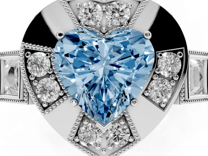 Fancy Blue Heart Cut Diamond Milgrain Halo Ring Set in White gold with Split Shank