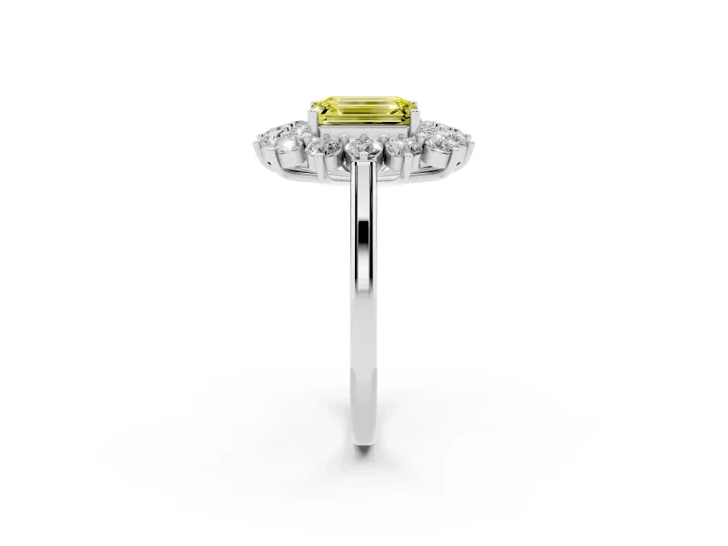 Emerald Cut Floral Halo Engagement Ring Setting for a Fancy Yellow Lab-Grown Diamond | Plain Band | Sterling Silver