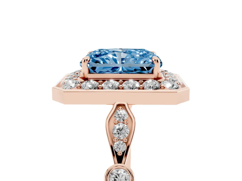 Radiant Cut Halo Engagement Ring Setting for a Fancy Blue Lab-Grown Diamond | Bezel Station Shoulders | Rose Gold