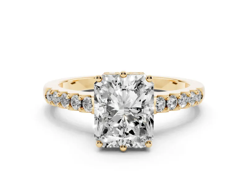 Radiant Cut Diamond Solitaire Engagement Ring Set in Yellow gold with Pavé Band and Prong Setting