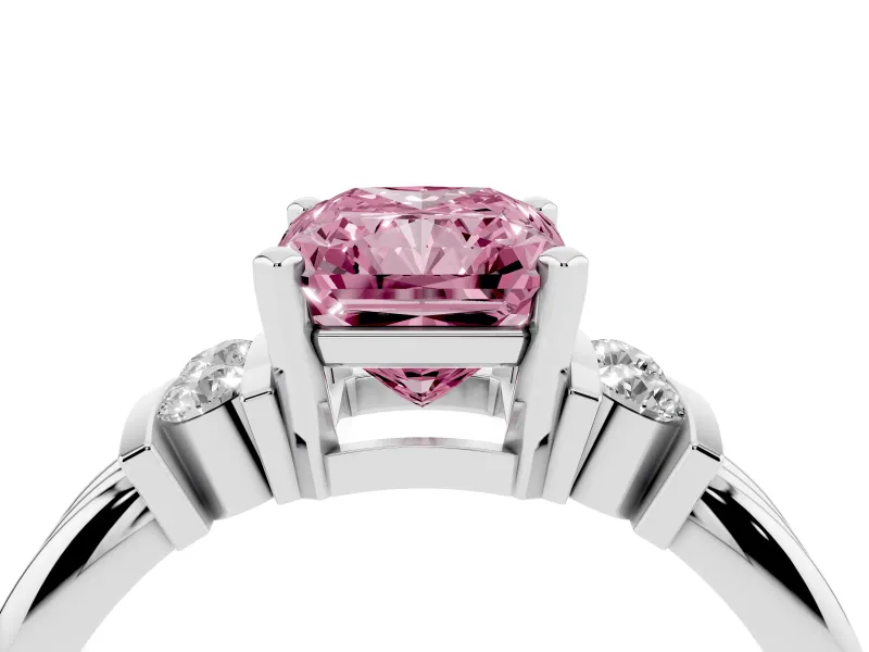 Fancy Pink Three-Stone Radiant Cut Diamond Channel Set Ring Set in White gold with Bar Prongs