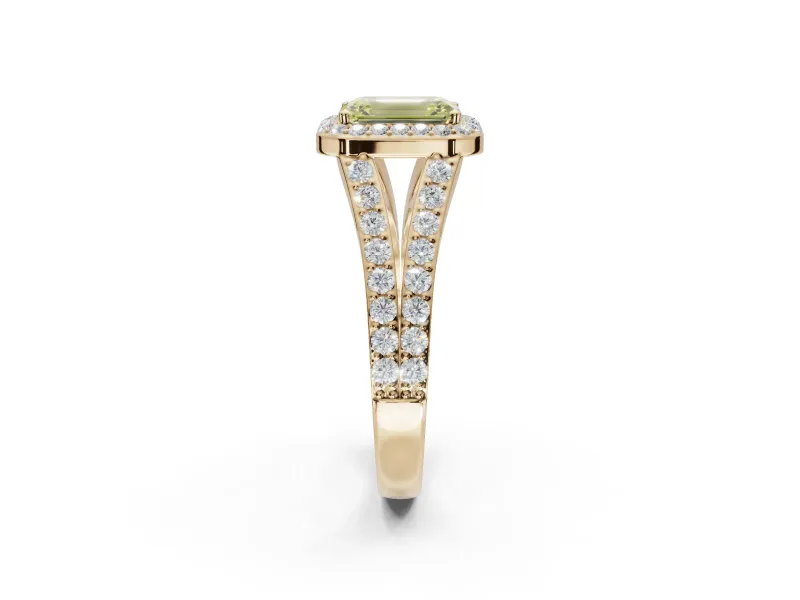 Emerald Cut Halo Pavé Engagement Ring Setting for a Fancy Yellow Lab-Grown Diamond | Narrow Split Shank | Yellow Gold